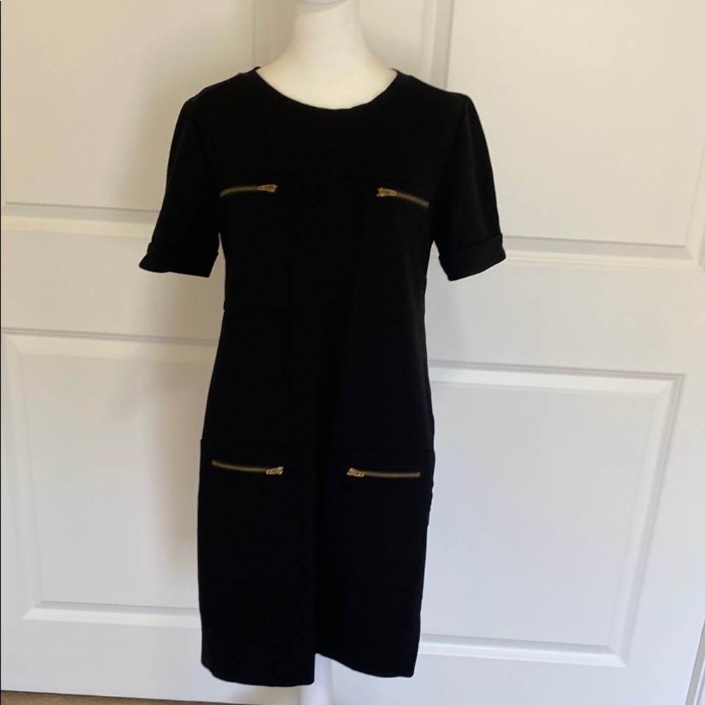 J. Crew Black Mod Shift Mini Dress. Gold zippers on Chest and Hips. Size 2. - Picture 4 of 14